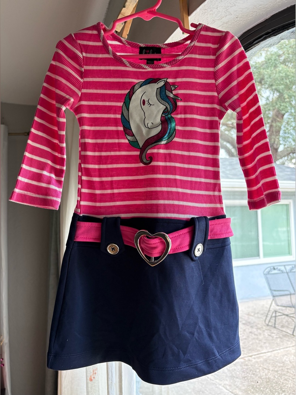Lilt Pink, Pink & Navy Unicorn Stripe Dress with Heart Belt